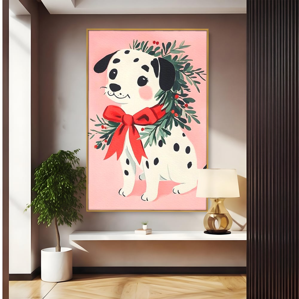 Tablou canvas cu tablou canvas cu catel dalmatian, in rama de aluminiu auriu